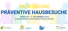 Schriftzug 'Fachtagung Präventive Hausbesuche Montag, 17. November 2025 Evangelisches Augustinerkloster zu Erfurt' vor stilisierten, farbigen Silhouetten von Menschen.